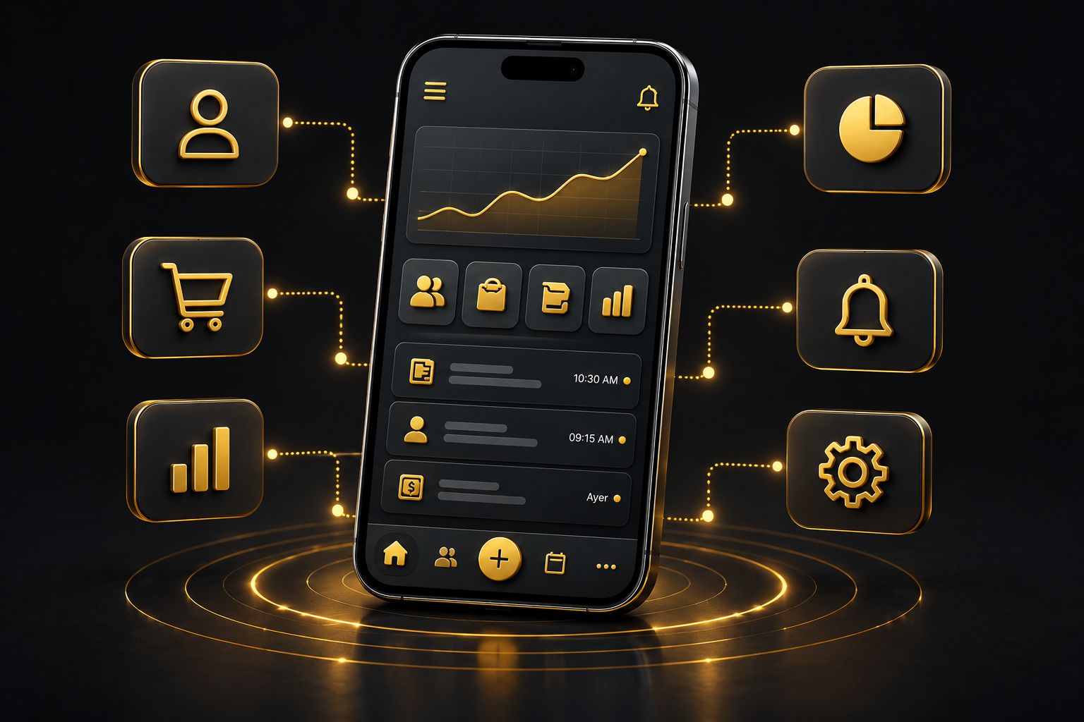 Aplicacion movil empresarial con metricas, iconos y flujo operativo